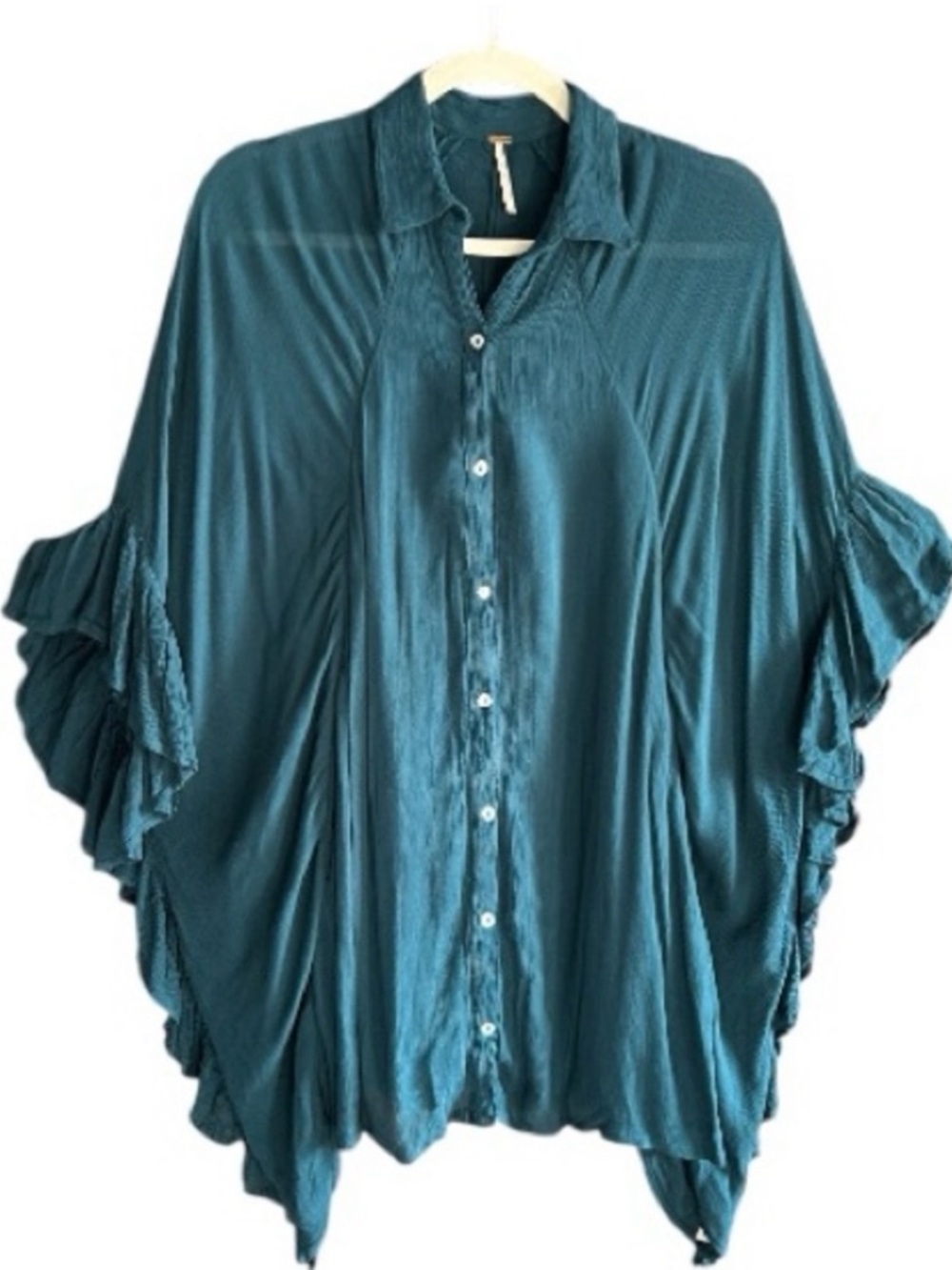 TURQUOISE RAYON FREE PEOPLE LOOSE RUFFLE TOP MINI FROCK